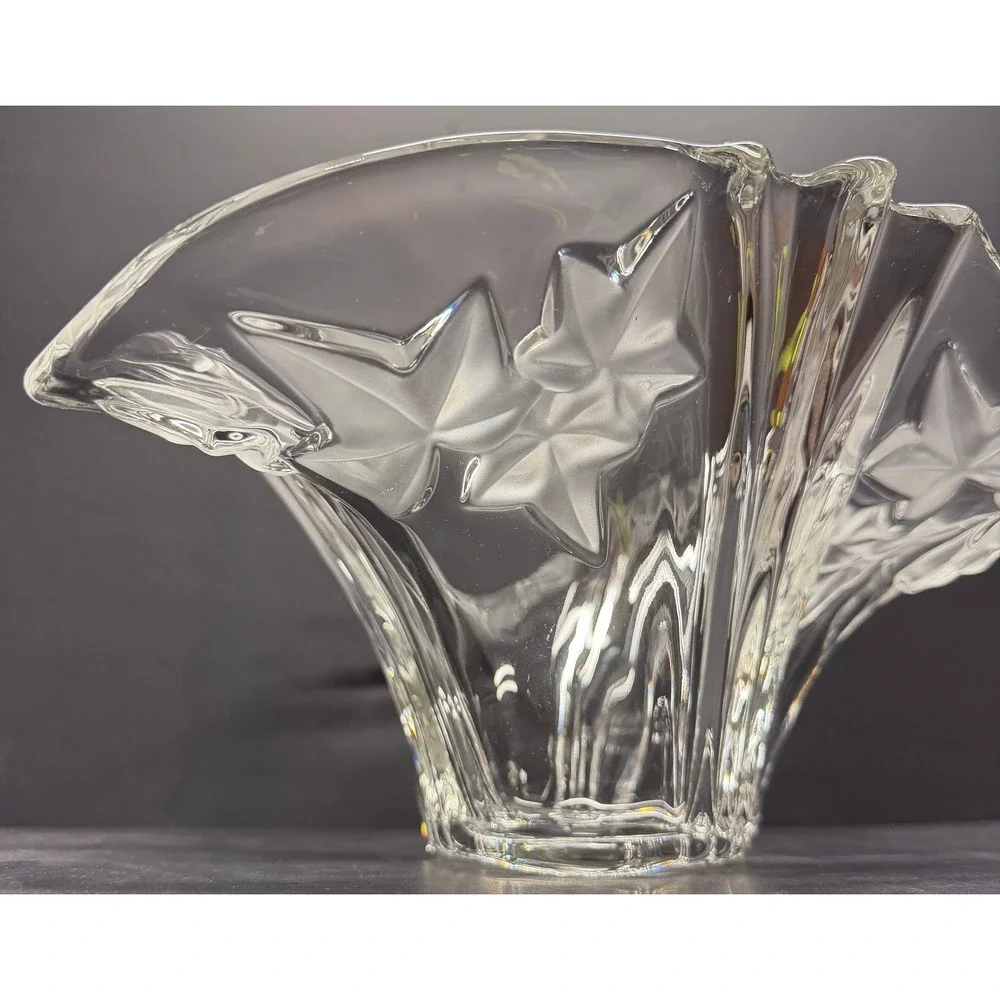 Vintage Crystal Fan Vase Frosted Ivy Leaf Flared Ribbed Art Deco Style Centerpc